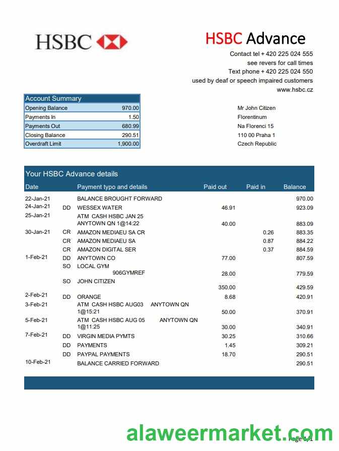 Czech HSBC bank statement easy to fill template in Excel and PDF format